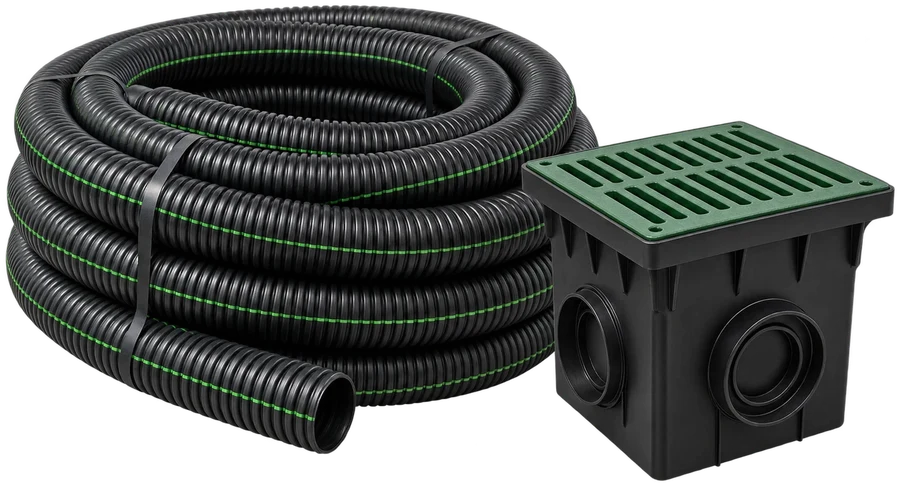 Corrugated drain pipe coil with a catch basin and green grate