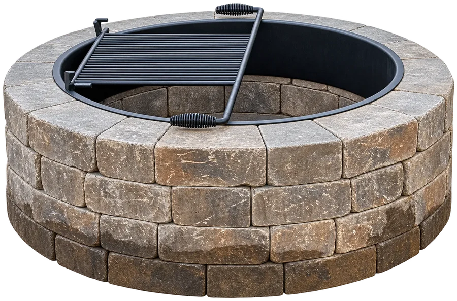 Block fire pit ring with a swing-away cooking grate