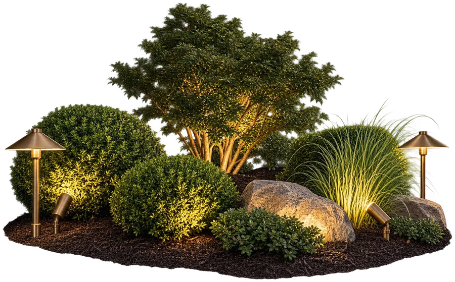 Landscape bed with brass path lights and uplit plantings