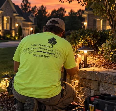 Crew member servicing a path light beside a lit stone wall at dusk