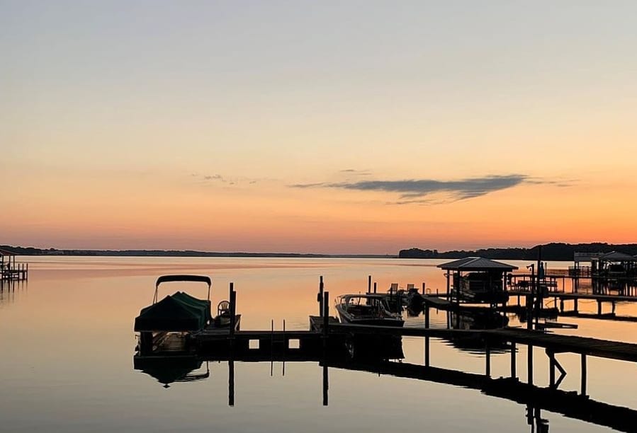 Sunset over Lake Norman docks in Denver