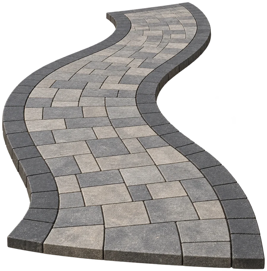 S-curved paver walkway with a charcoal soldier border